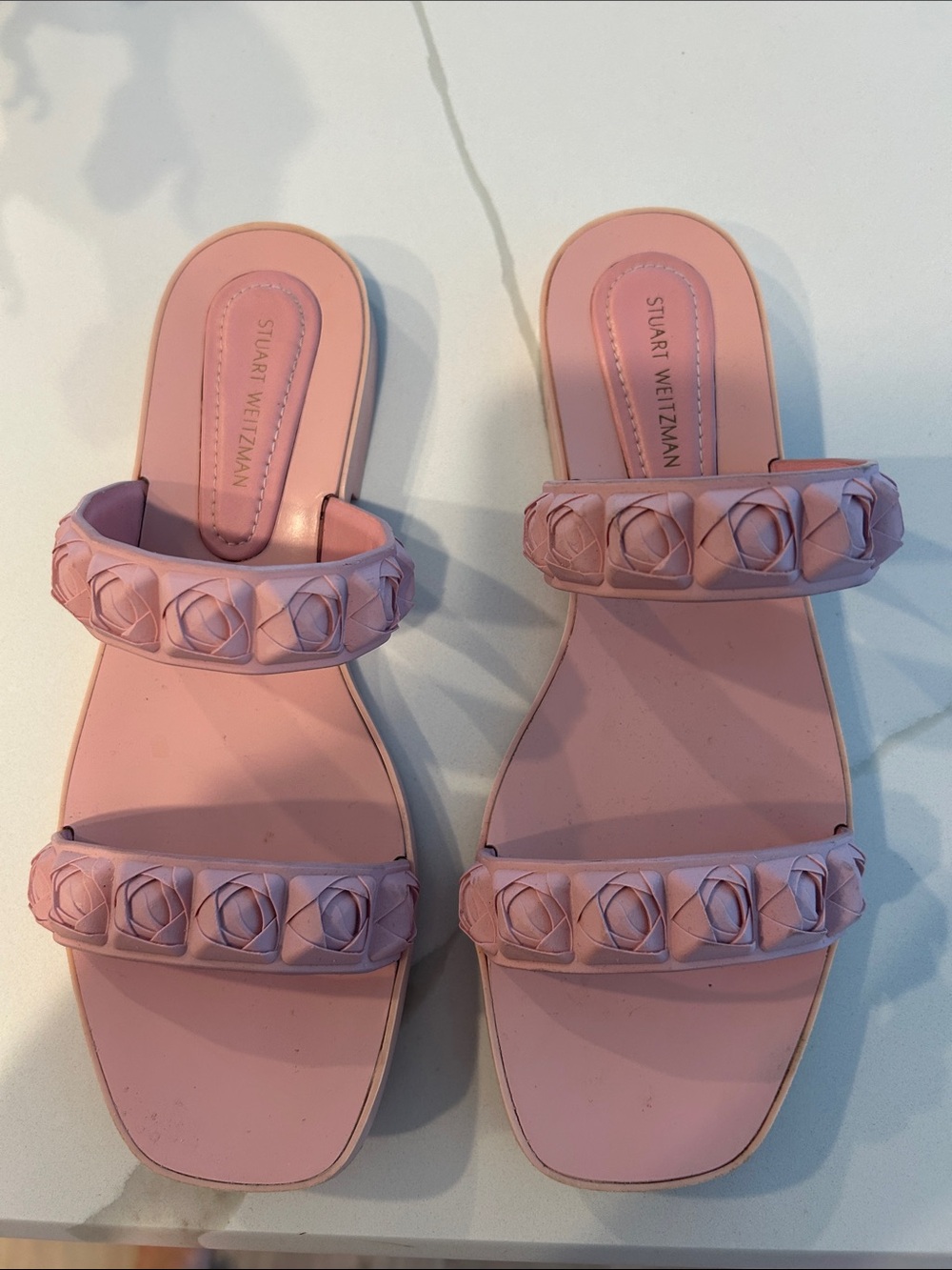 Stuart Weitzman Pink Floral-Trim Slide Sandals